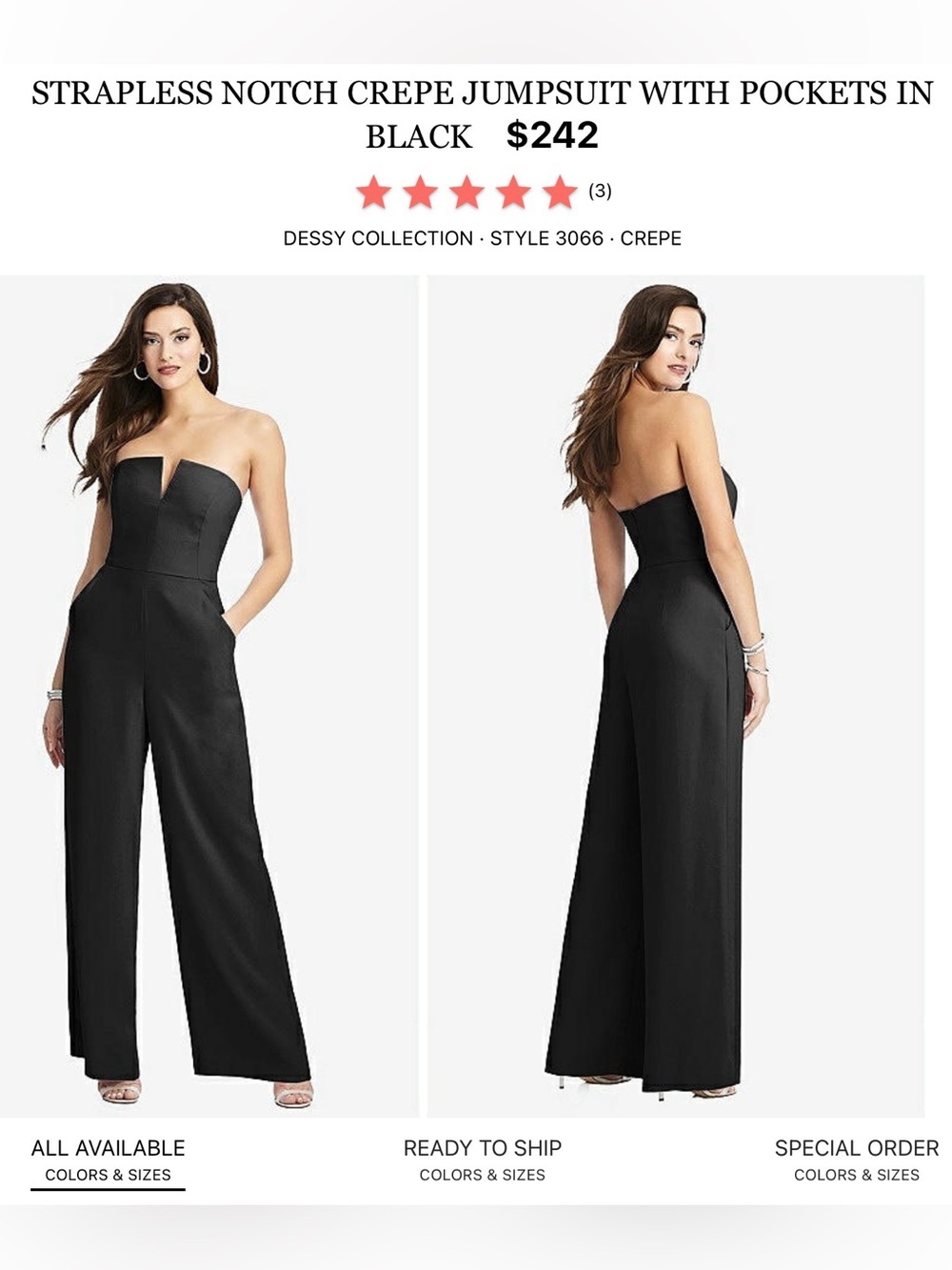 Dessy Collection Black Strapless Notch Crepe Jumpsuit
